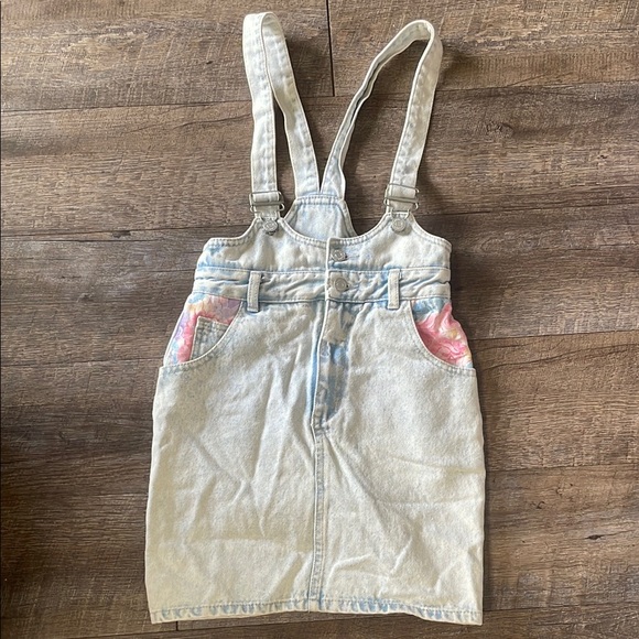 Vintage jordache Denim Overall Dress with floral lace accents Y2K